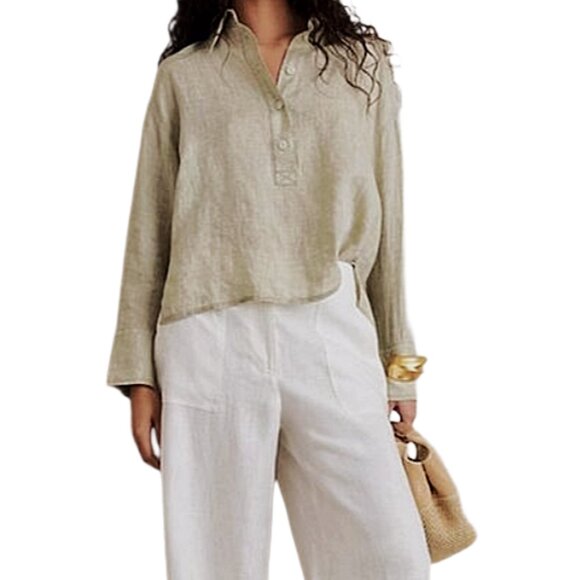 Reiss Nina Linen Open-Collar Overhead Shirt Sage Green Quiet Luxury 4 - Picture 3 of 10